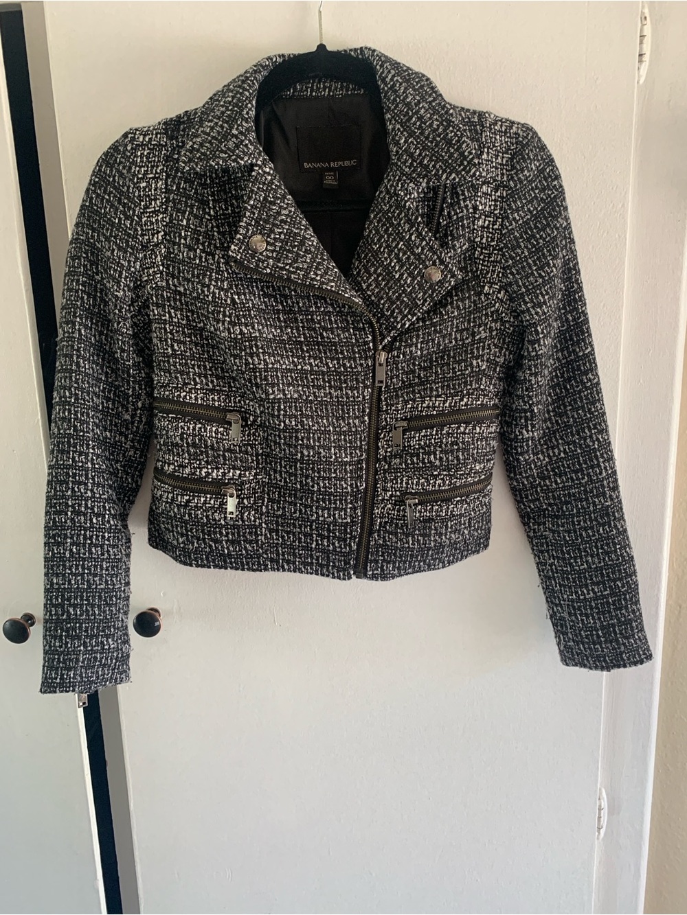 Banana Republic Black & White Tweed Cropped Moto Blazer